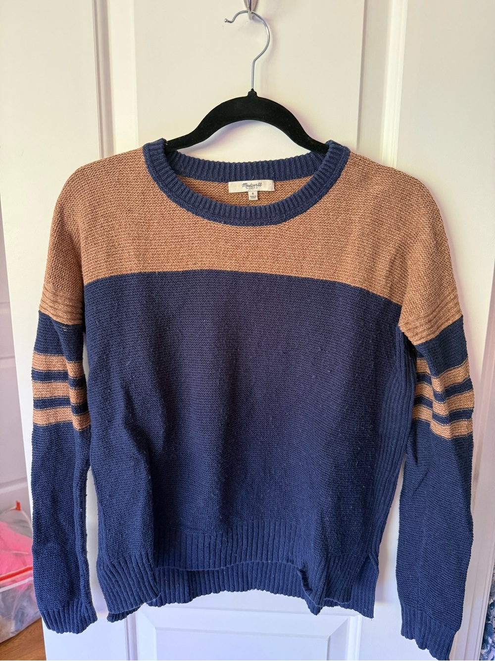 Madewell Colorblock Crewneck Sweater - Navy & Tan